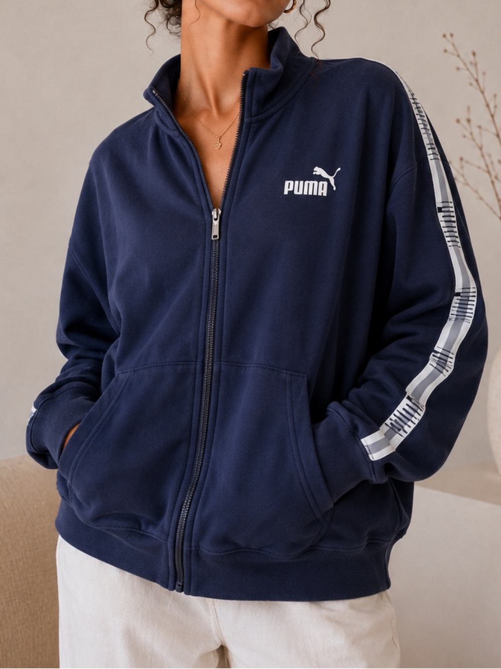 Puma Navy Track Jacket with White Sleeve Logo Tape
